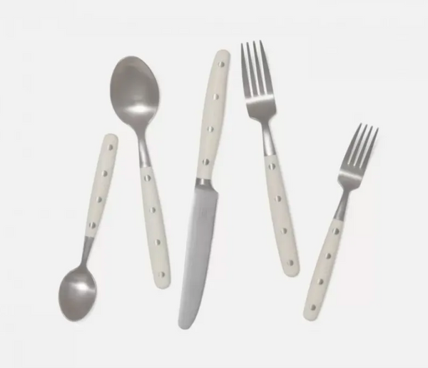 Blue Pheasant Jones Cream Pom Handle/Silver Stainless Steel Flatware 5-Piece Set