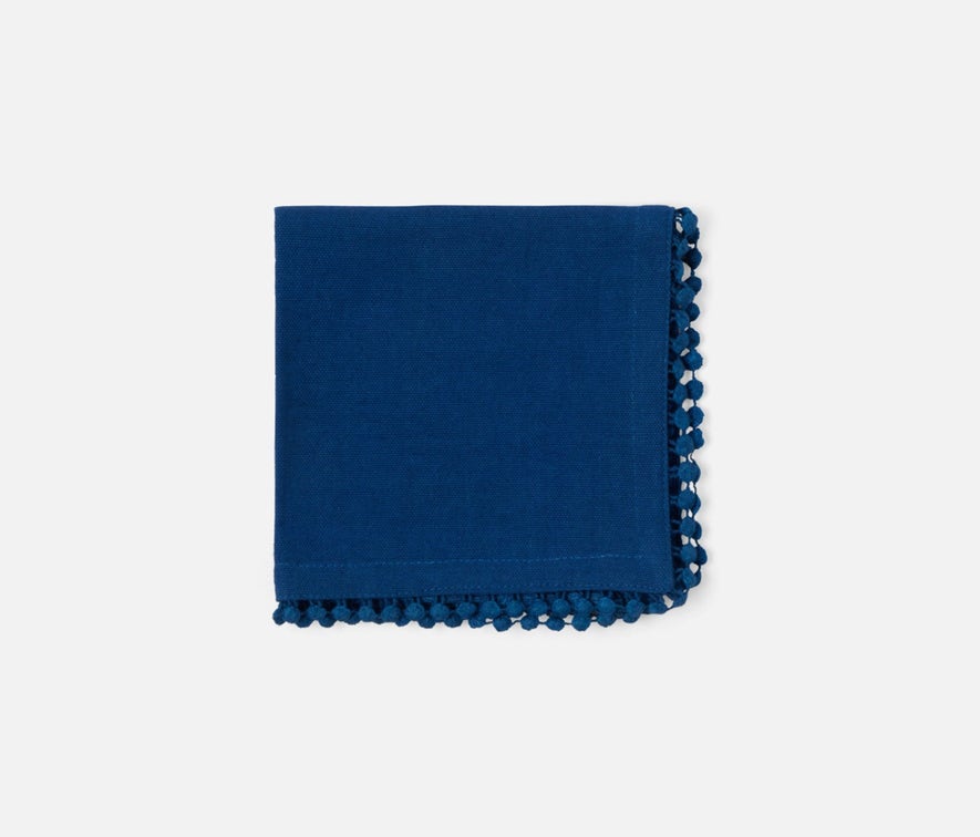 Blue Pheasant MARGOT, Classic Blue Napkin w/ Pom Pom Border, 22x22, Pack/4.